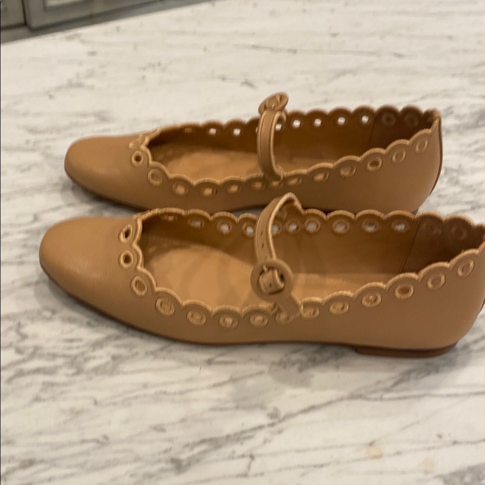 Larroude Tan Scalloped Suede Loafers
